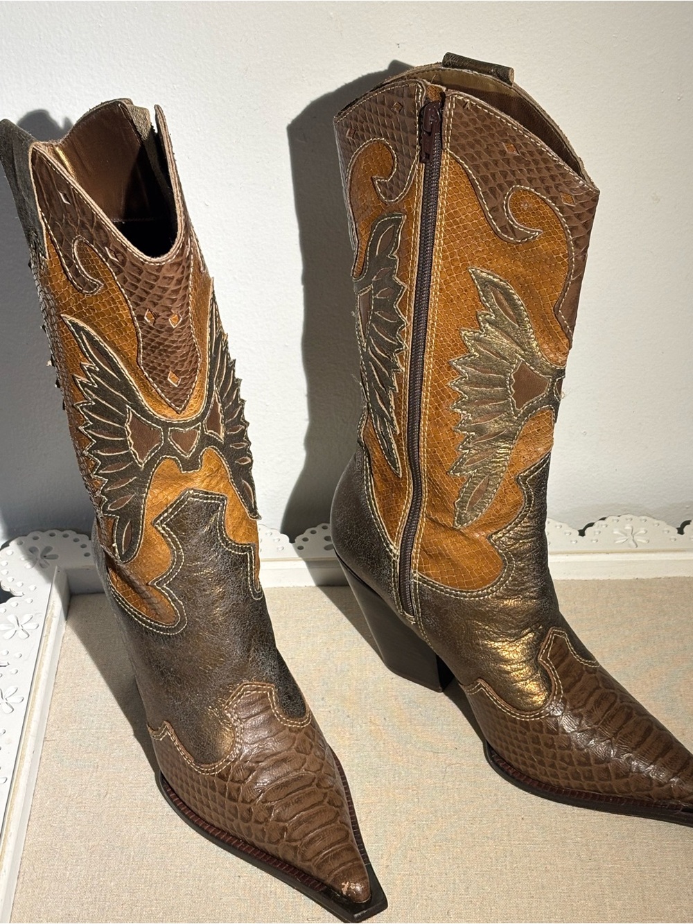 Para Raio Leather Embellished Boots With Snake print and Pointy Toe Fronts.